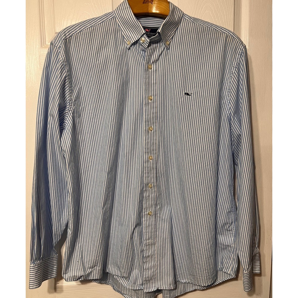 Vineyard Vines Mens XL Blue White Striped Whale Shirt Cotton Button Down L/S